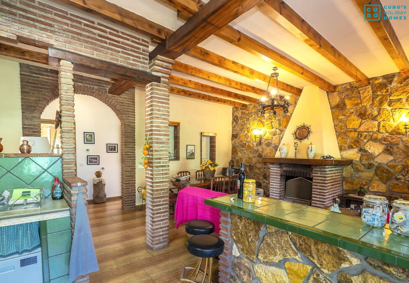 Salón comedor con chimenea de esta finca en Alhaurín el Grande