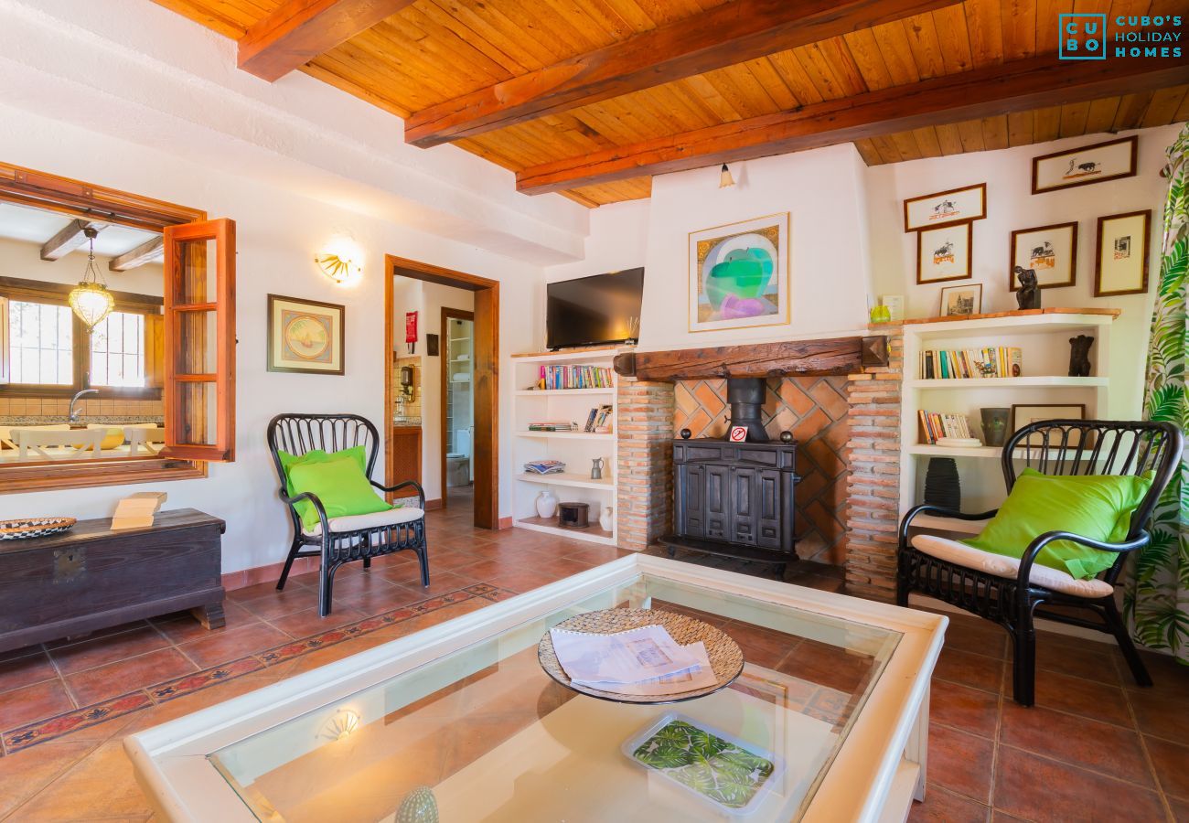 Living room with fireplace in this rural apartment in Mijas Pueblo