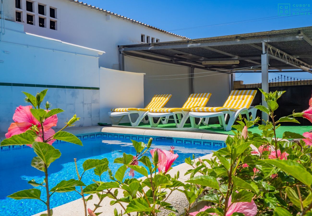 Pool of the accommodation with fenced plot.