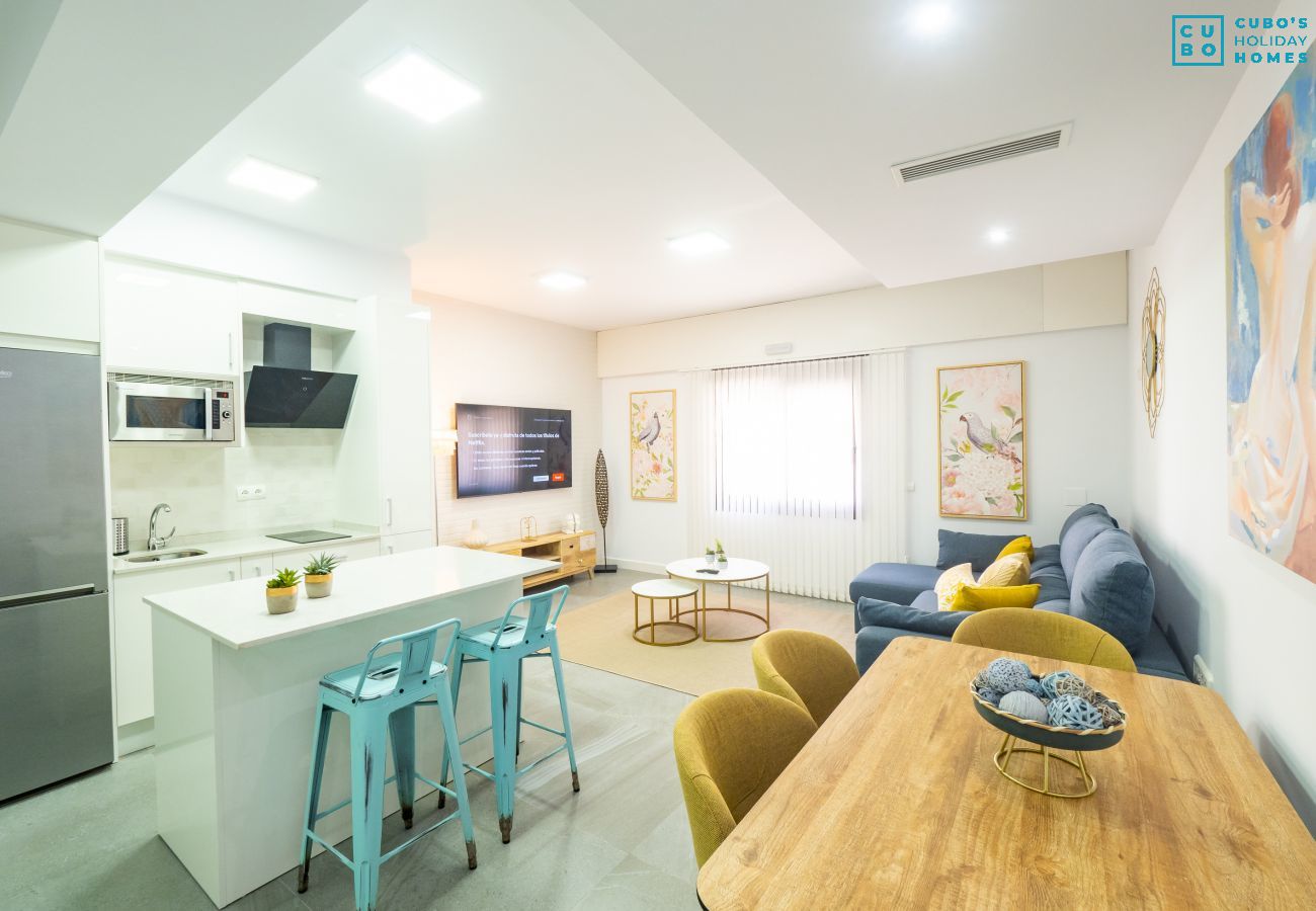 Living room, kitchen and dining room of our fantastic apartment