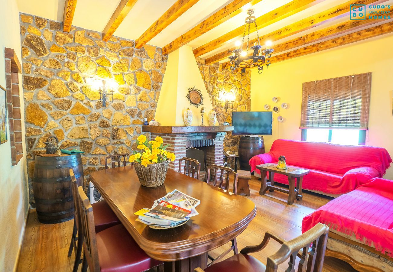 Salon avec cheminée de cette maison de campagne à Alhaurín el Grande